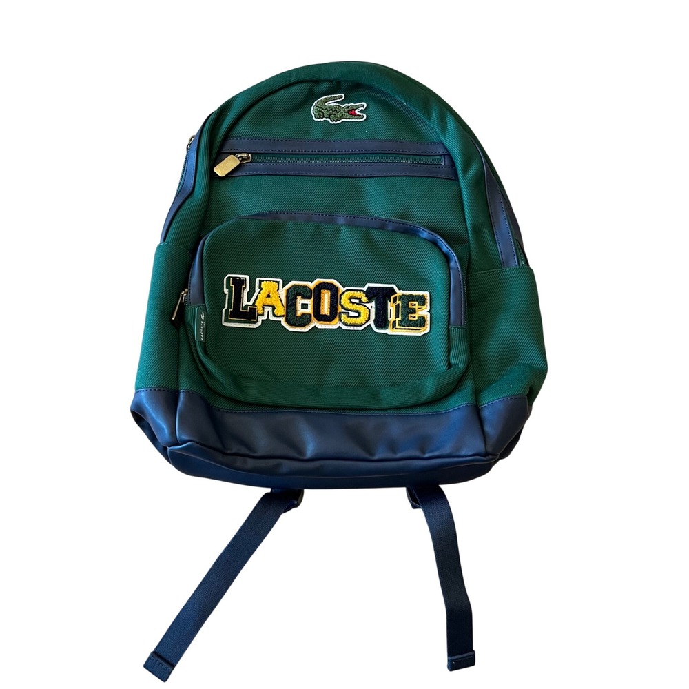 Lacoste Kids Green Navy Blue Varsity‎ Logo Backpack Bag 9A6219-F9W NWT